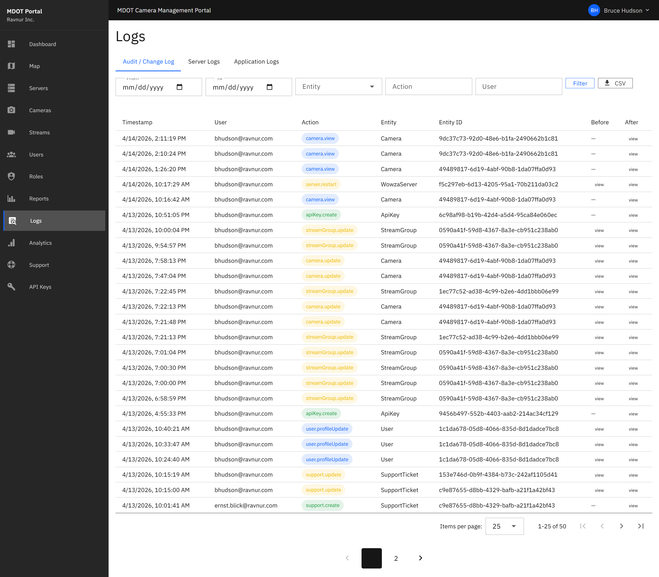 Audit Change Log showing a table of change records with columns for timestamp, user, action, entity type, and expandable before/after data.